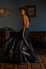 BLUE SELF WVEN KALI EMBROIDERED LEHENGA SET