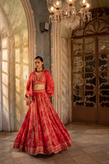 RED MONO FLORAL LEHENGA SET