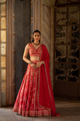 RED MONO FLORAL LEHENGA SET
