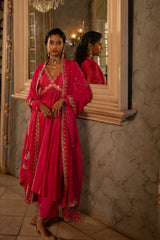 FUSCHIA PINK V NECK ANARKALI SET