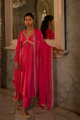 FUSCHIA PINK V NECK ANARKALI SET