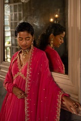 FUSCHIA PINK V NECK ANARKALI SET