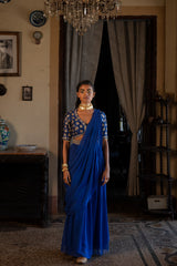 ELECTRIC BLUE ANTIQUE EMBROIDERED SAREE SET