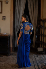 ELECTRIC BLUE ANTIQUE EMBROIDERED SAREE SET