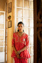 RED SELF WOVEN PEPLUM SET