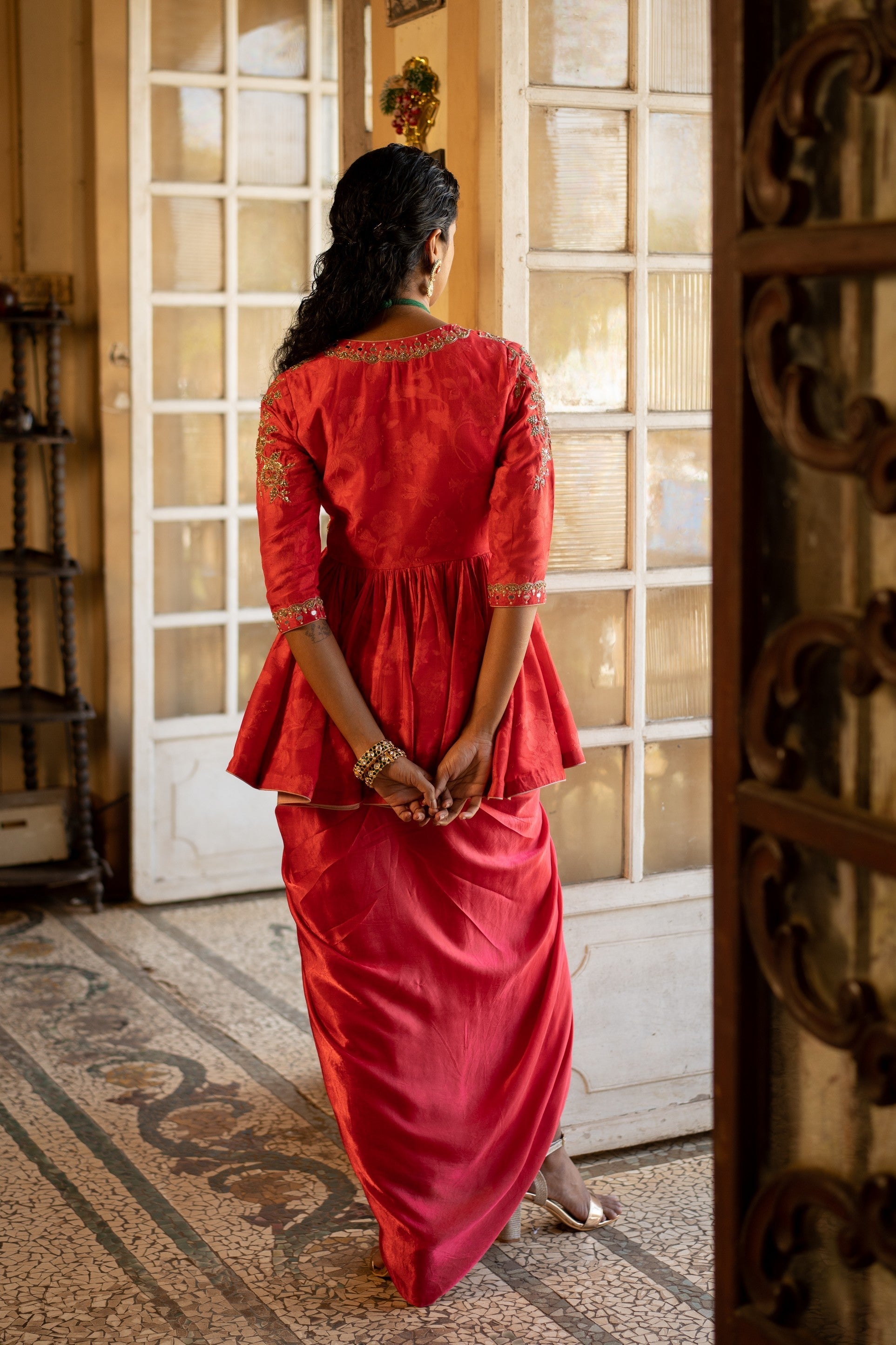 RED SELF WOVEN PEPLUM SET