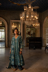 TEAL BLUE FLORAL AND STRIPE KURTA SET