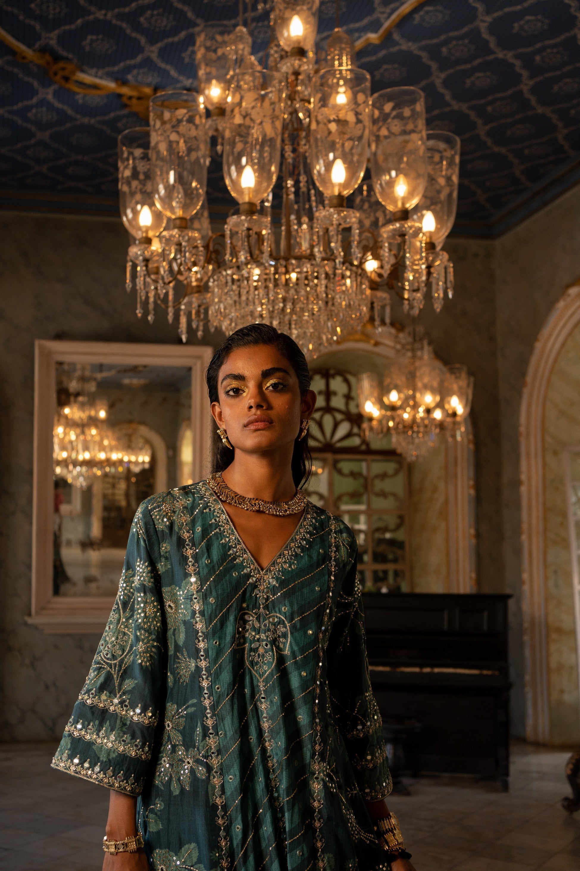 TEAL BLUE FLORAL AND STRIPE KURTA SET