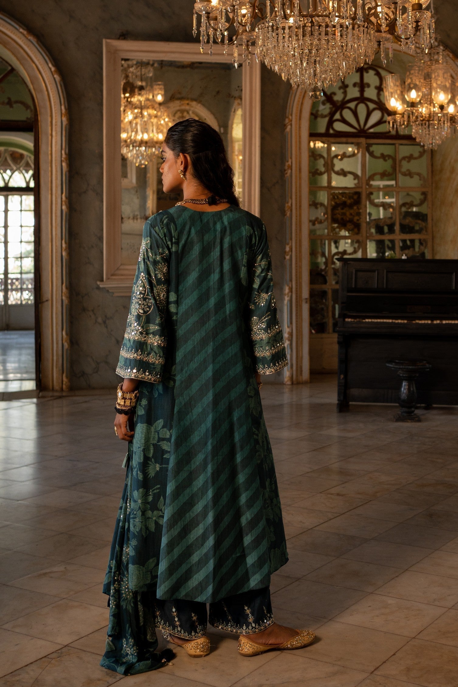 TEAL BLUE FLORAL AND STRIPE KURTA SET