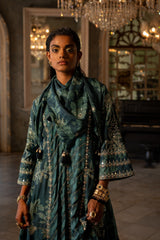 TEAL BLUE FLORAL AND STRIPE KURTA SET
