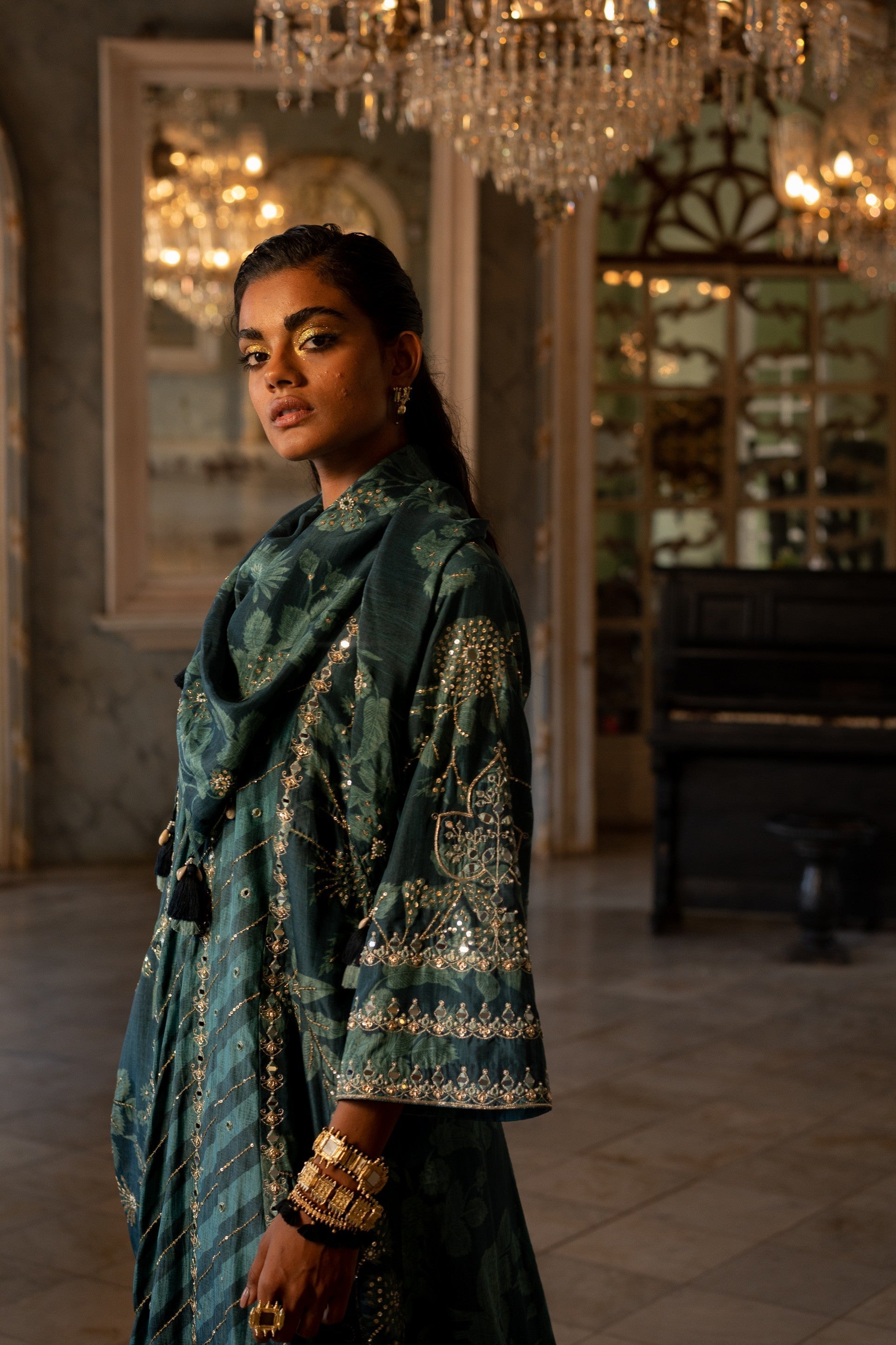 TEAL BLUE FLORAL AND STRIPE KURTA SET