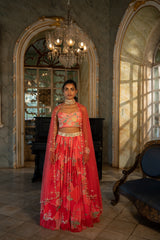 RED NAKHSA PRINTED LEHENGA SET