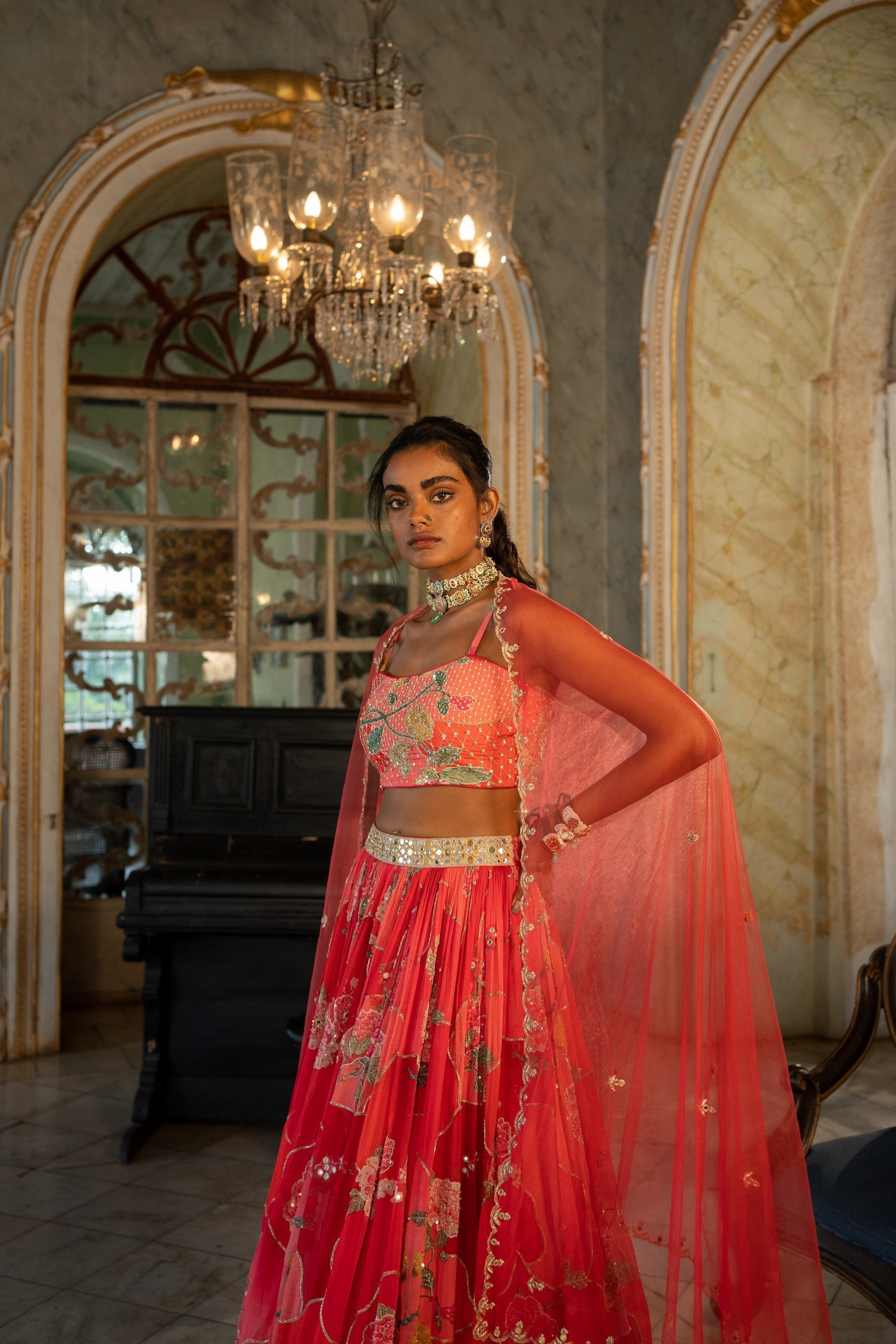 RED NAKHSA PRINTED LEHENGA SET