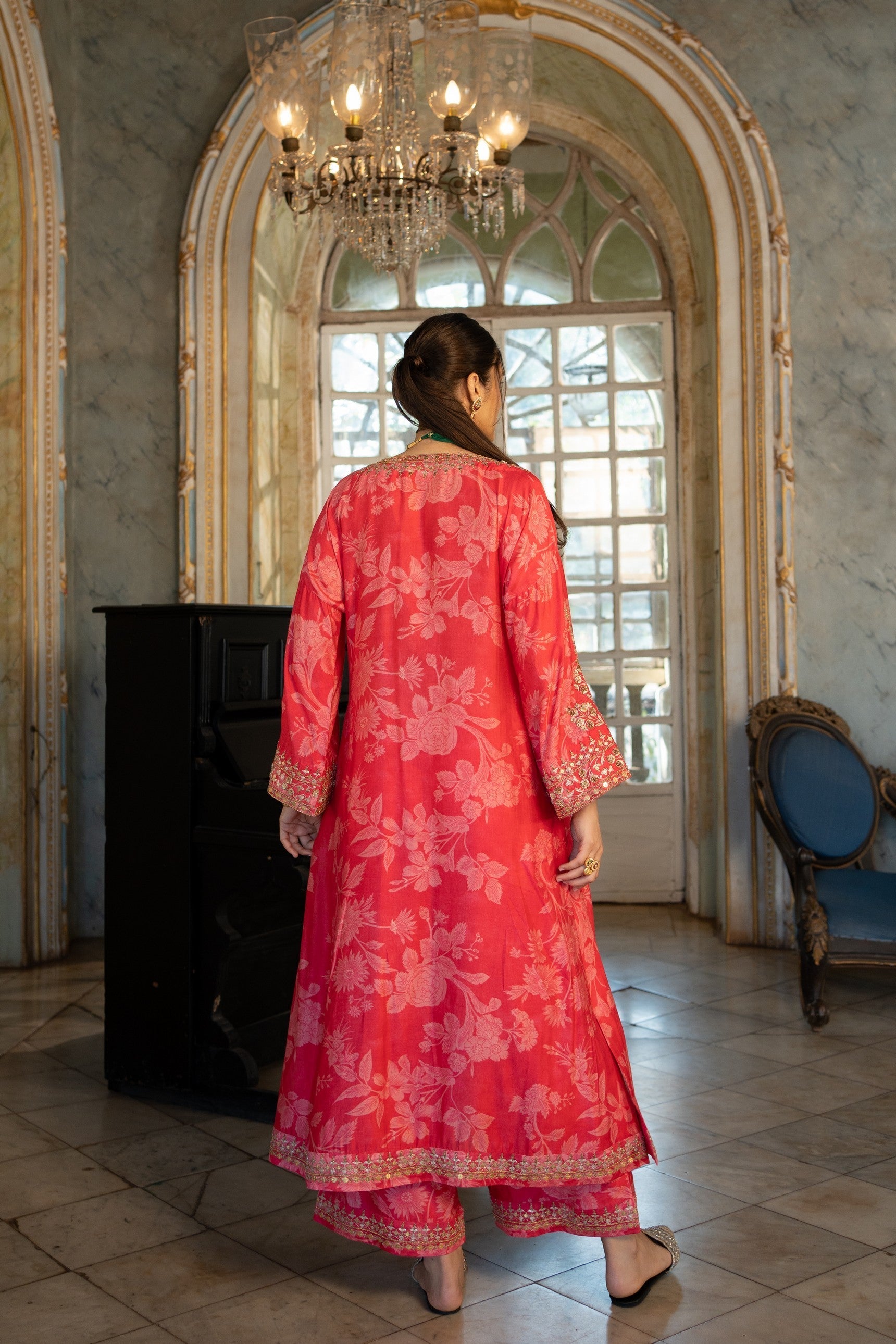 RED MONO FLORAL KURTA SET