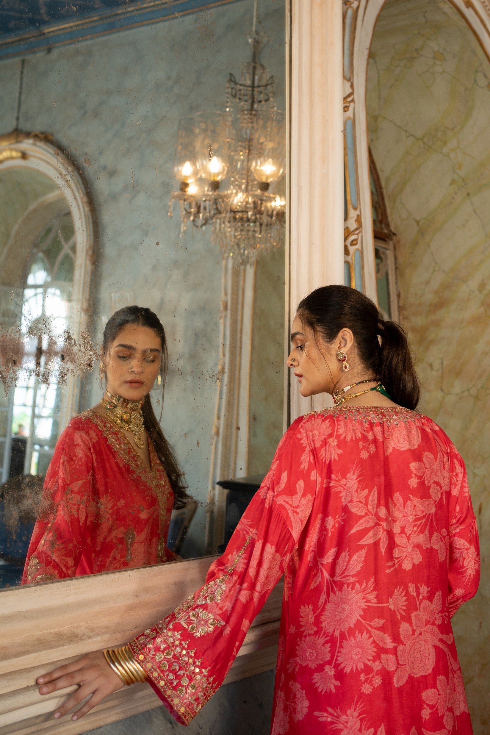 RED MONO FLORAL KURTA SET
