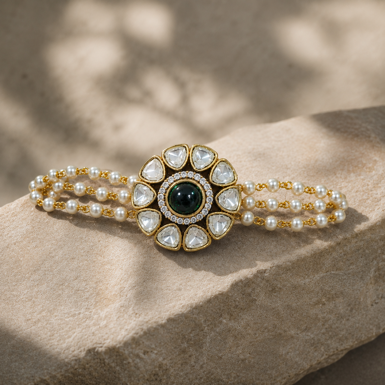 Emerald Polki Floral Pearl Bracelet