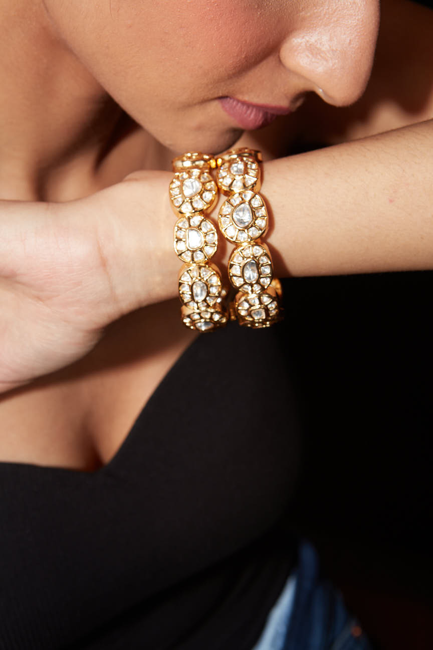 Gold Plated Kundan Polki Studded Screw Openable Bangles, Set of 2