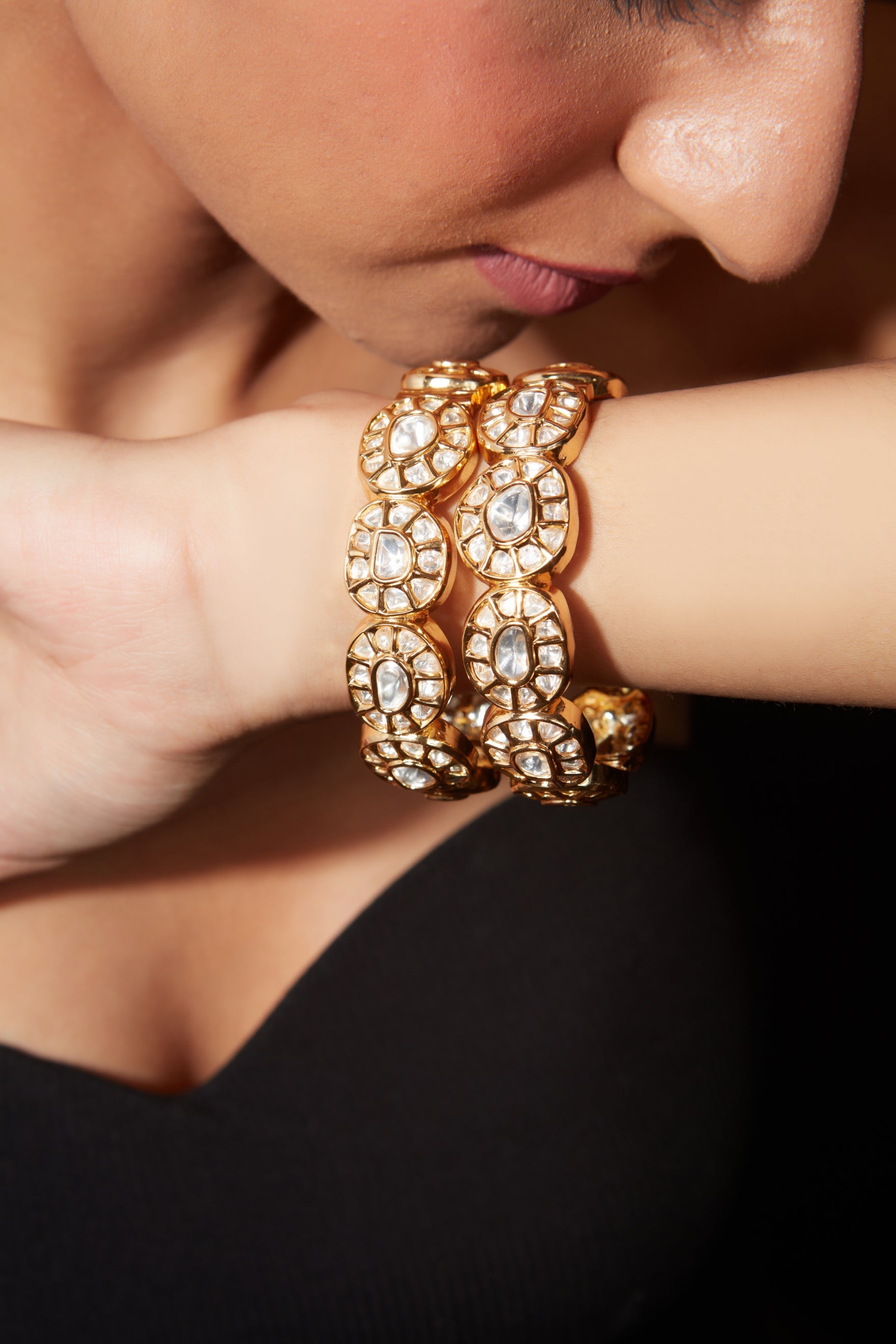 Gold Plated Kundan Polki Studded Screw Openable Bangles, Set of 2