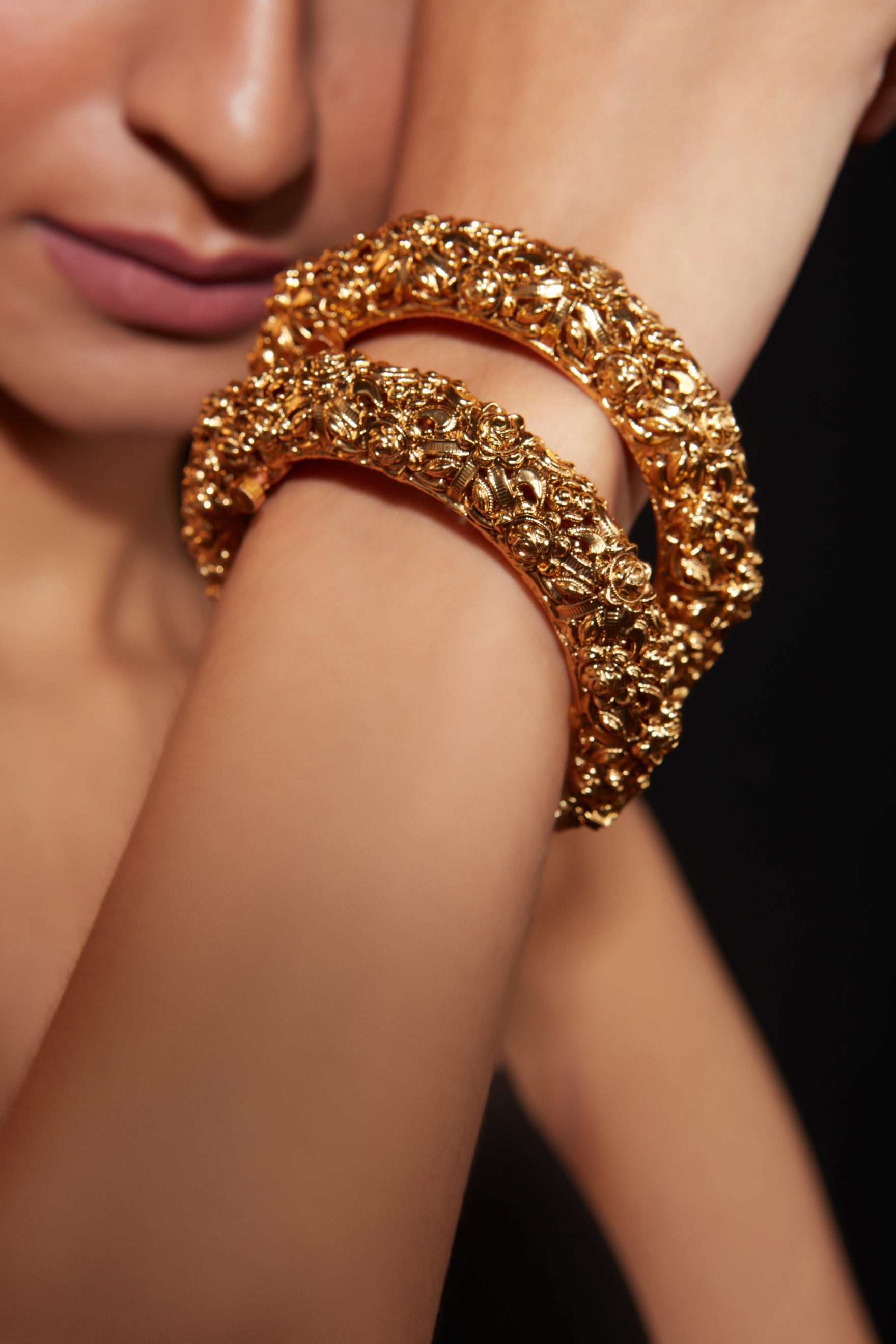 Gold Plated Flower Designed Temple Screw Openable Bangles, Set of 2