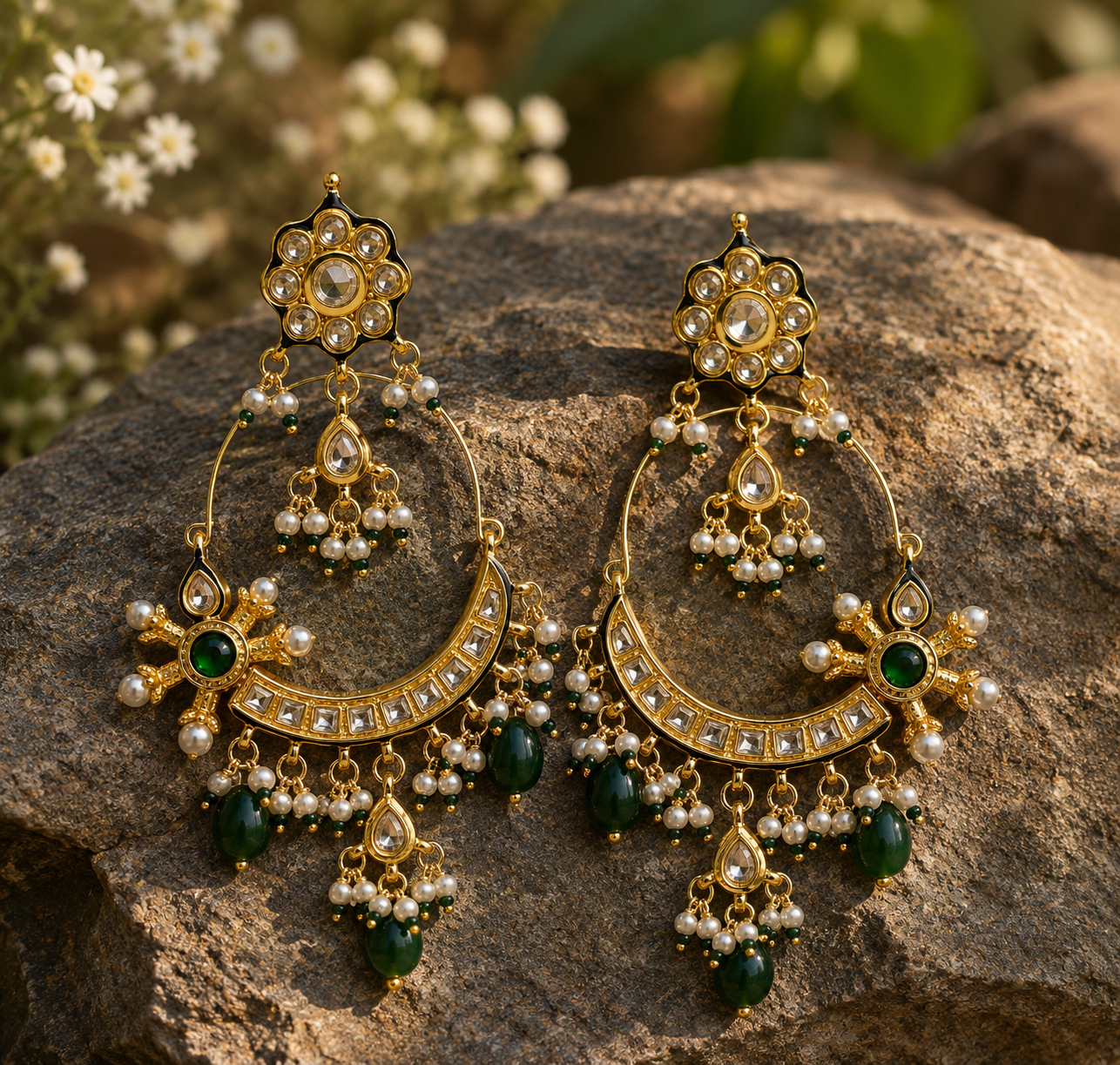 Emerald Floral Hoop Earrings with Pearl Drops
