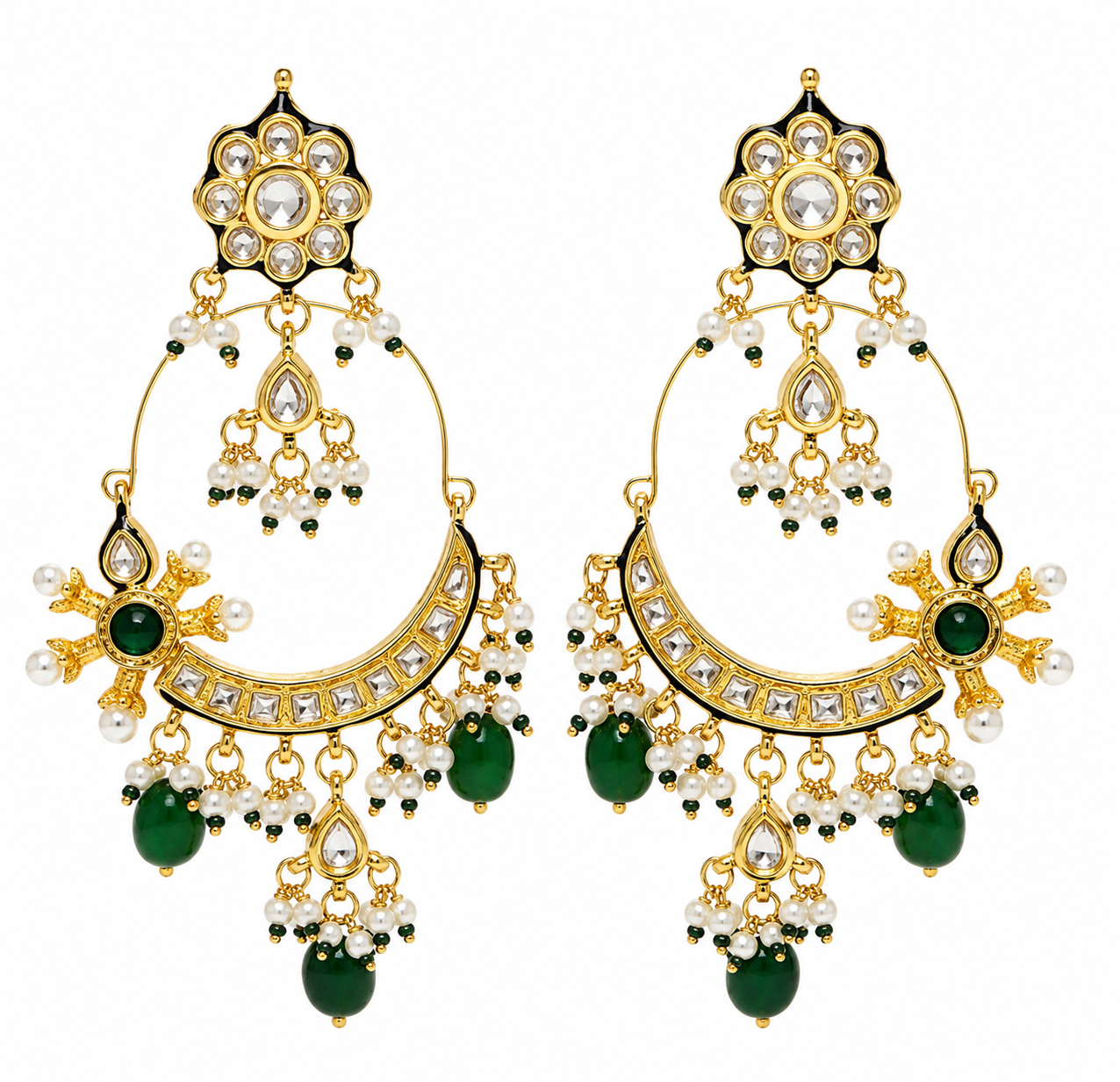 Emerald Floral Hoop Earrings with Pearl Drops