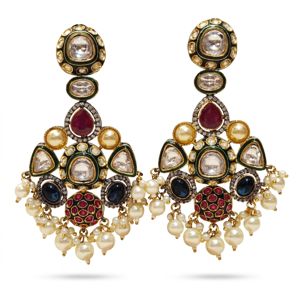 Multicolour Polki Drop Earrings with Pearl Accents