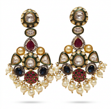 Multicolour Polki Drop Earrings with Pearl Accents