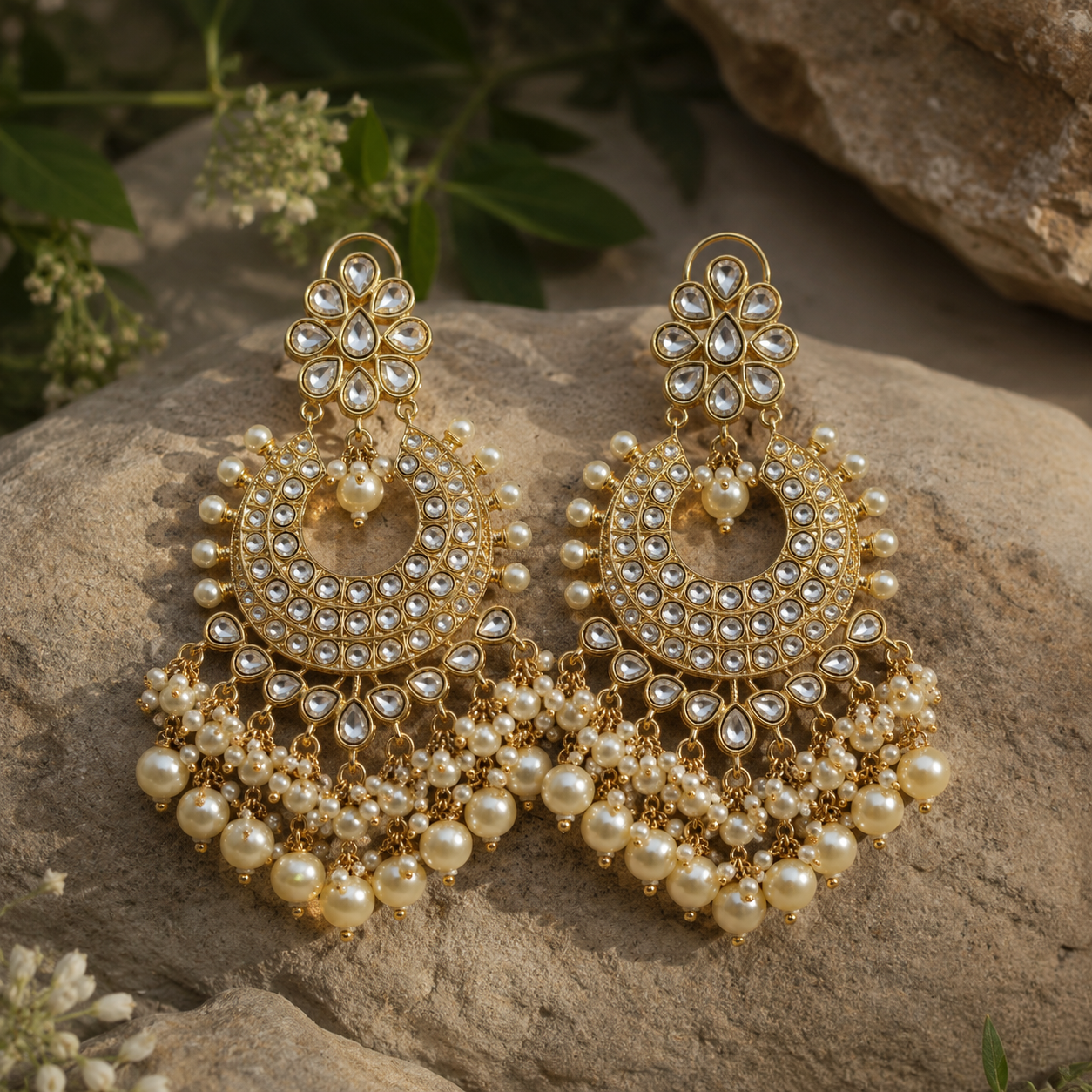 Polki Chandbali Earrings with Pearl Drops