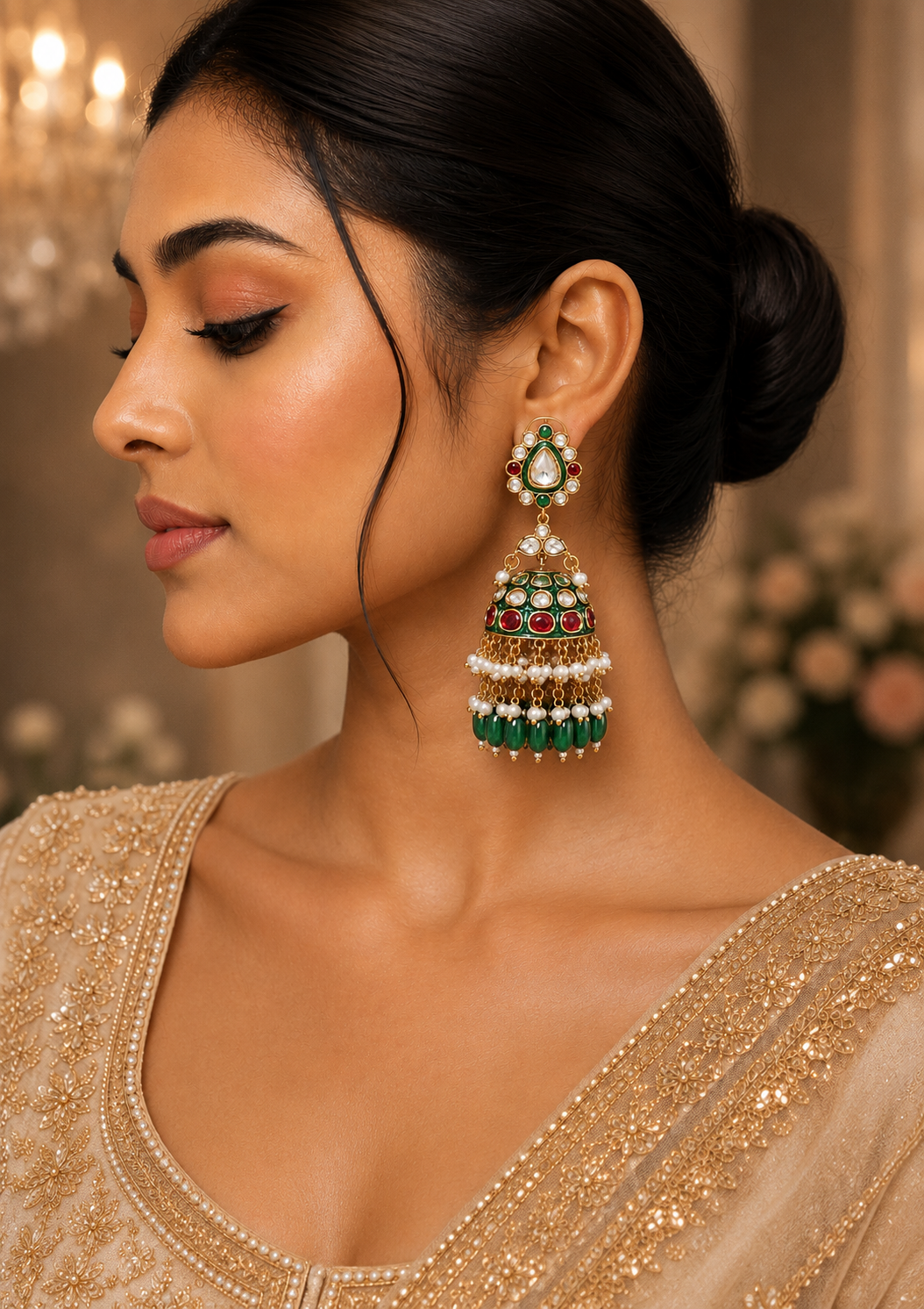 Meenakari Polki Jhumka Earrings with Emerald Drops