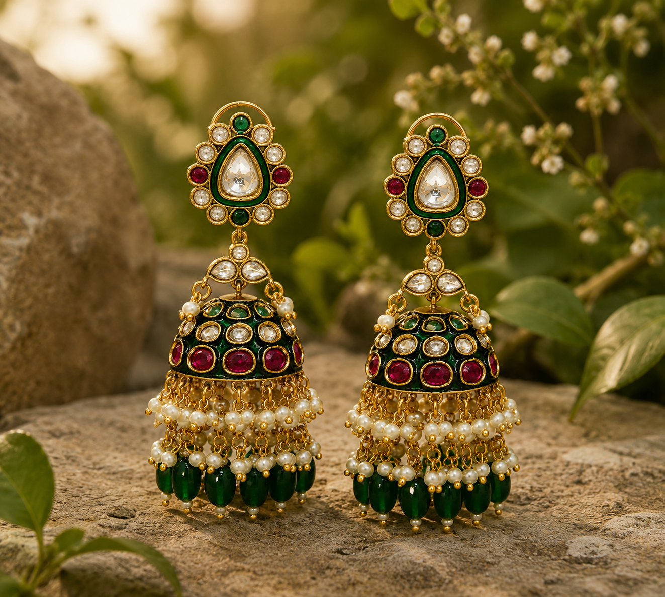 Meenakari Polki Jhumka Earrings with Emerald Drops