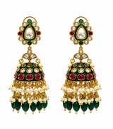 Meenakari Polki Jhumka Earrings with Emerald Drops