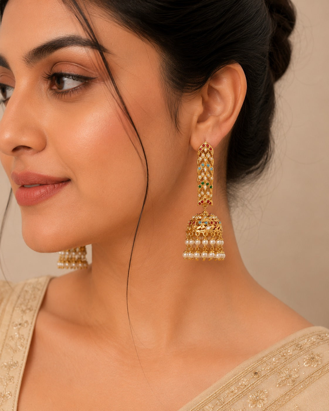 Bar Jhumka Earrings with Pearl Fringe