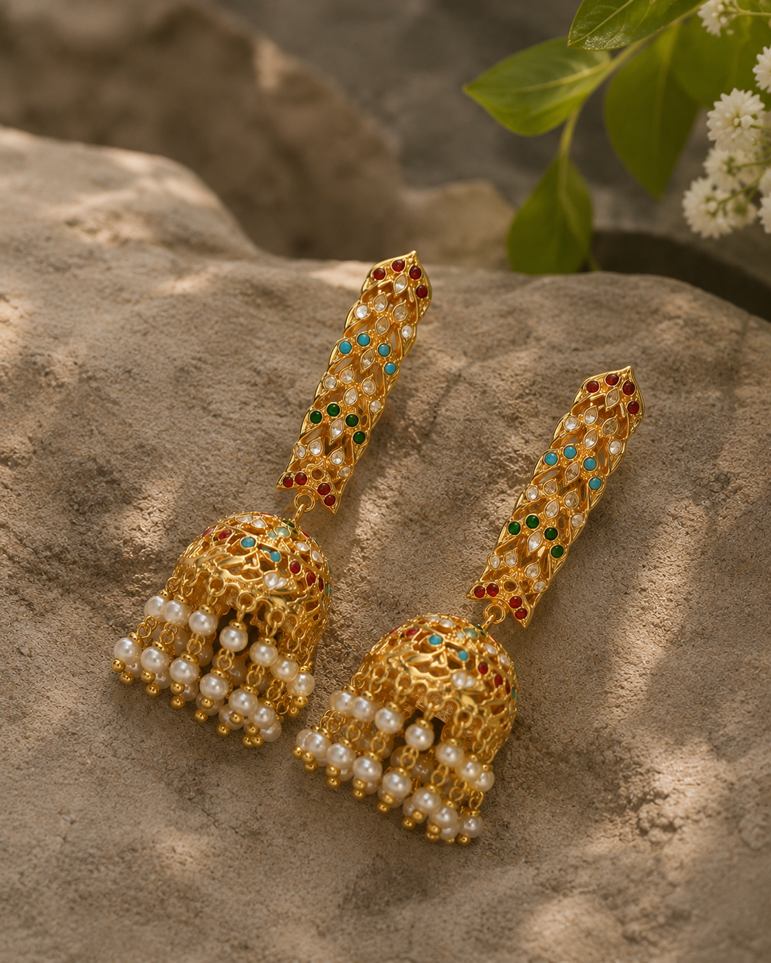 Bar Jhumka Earrings with Pearl Fringe