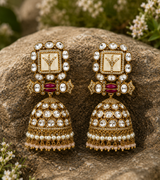 Polki Jhumka Earrings with Pearl Fringe