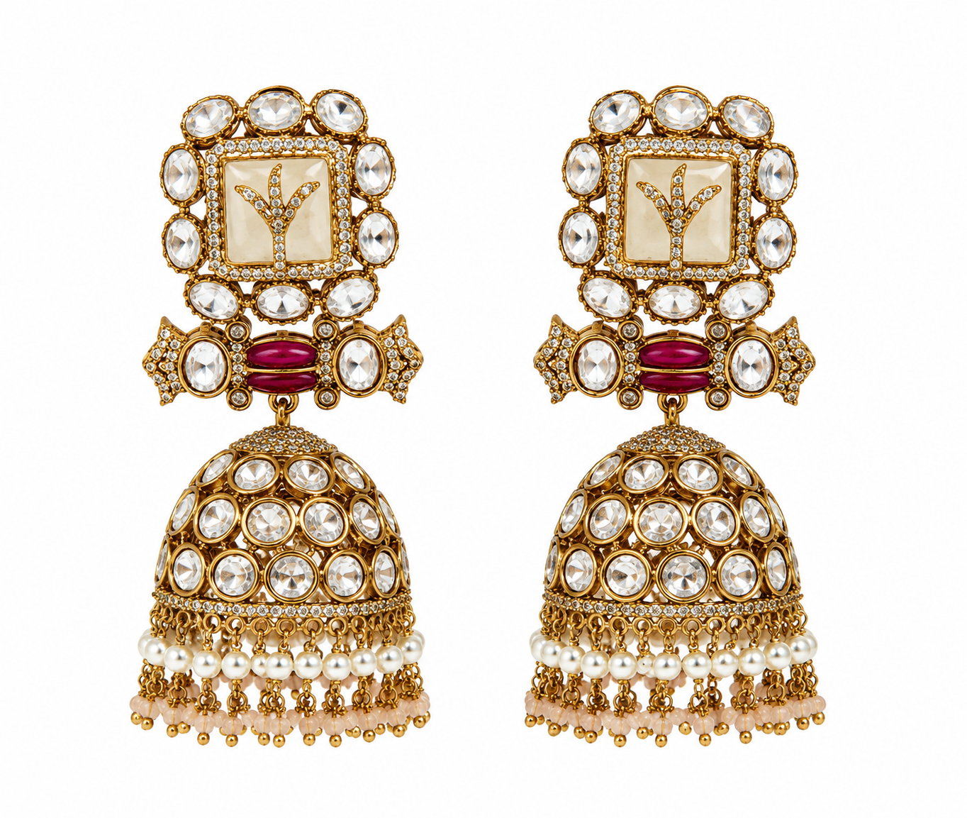 Polki Jhumka Earrings with Pearl Fringe