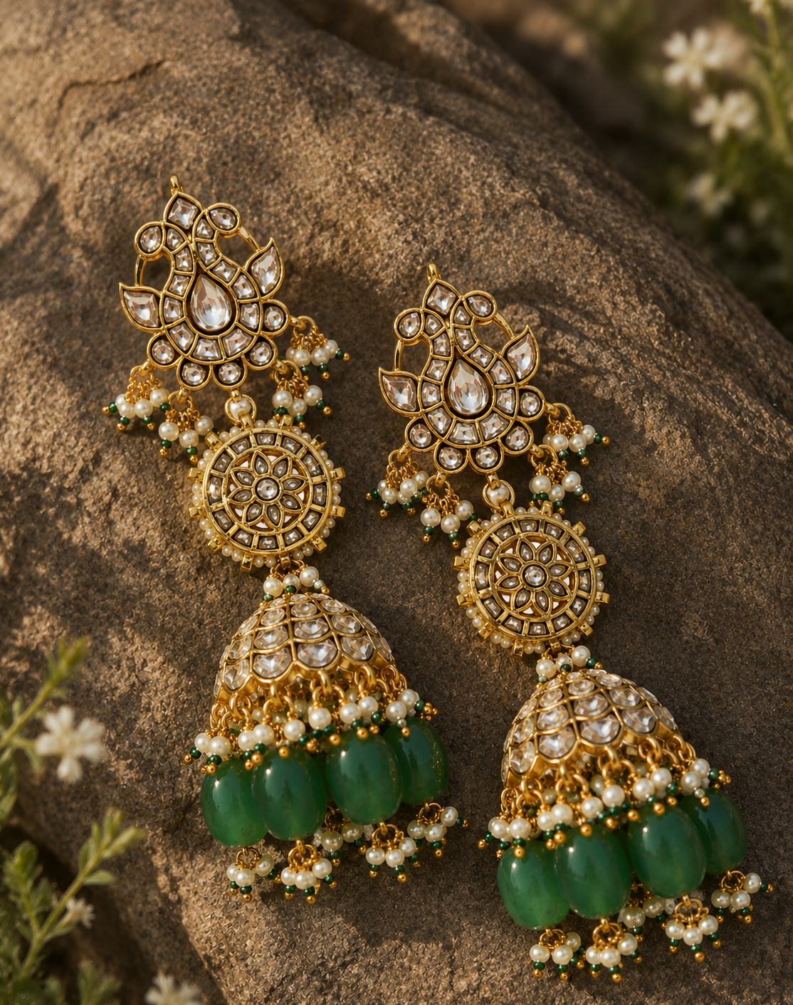 Emerald Green Polki Jhumka Earrings