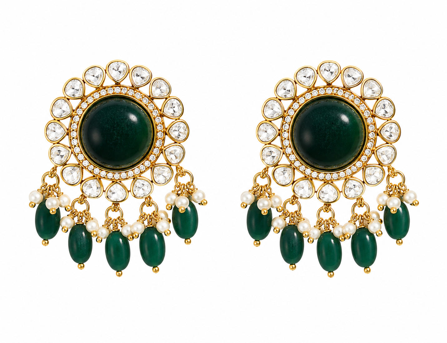 Emerald Stud Earrings with Pearl & Bead Drops