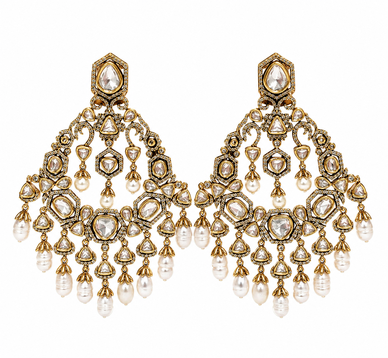 Polki Chandelier Earrings with Pearl Drops