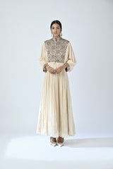 beige ajrakh embellished butterfly sleeve gathered dress