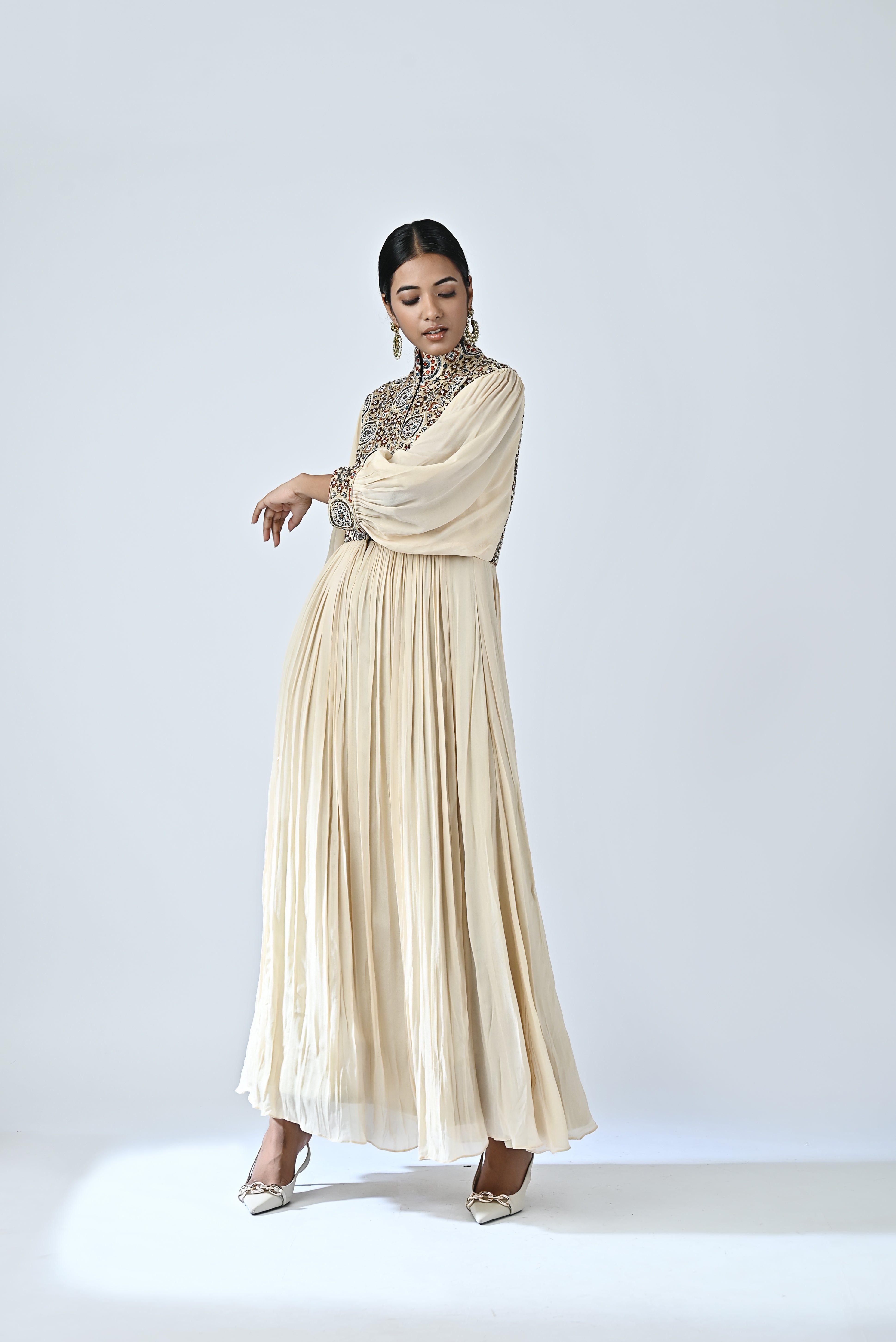 beige ajrakh embellished butterfly sleeve gathered dress