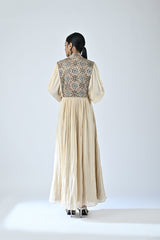 beige ajrakh embellished butterfly sleeve gathered dress