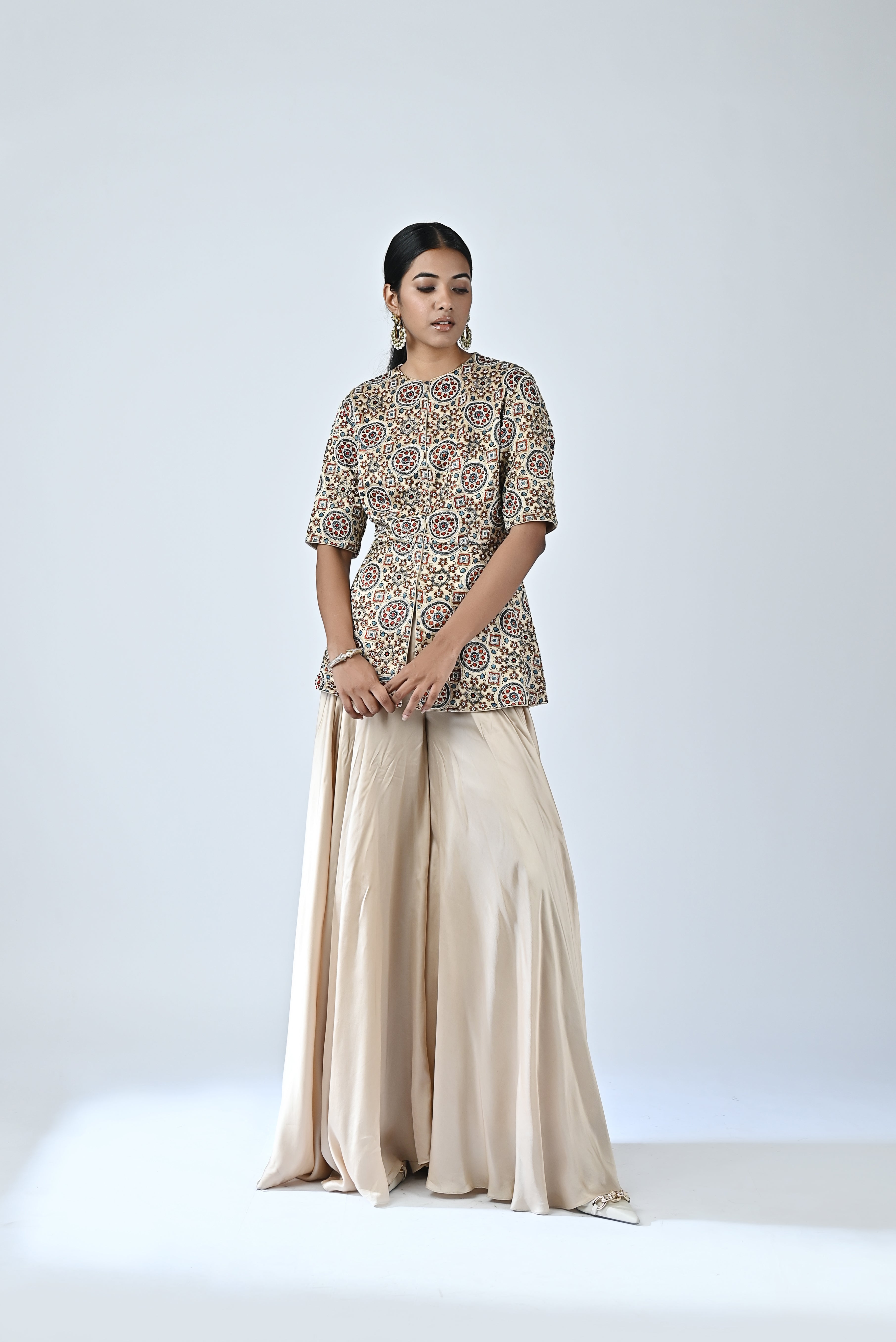 Ajrakh embroidered peplum top with flare pants