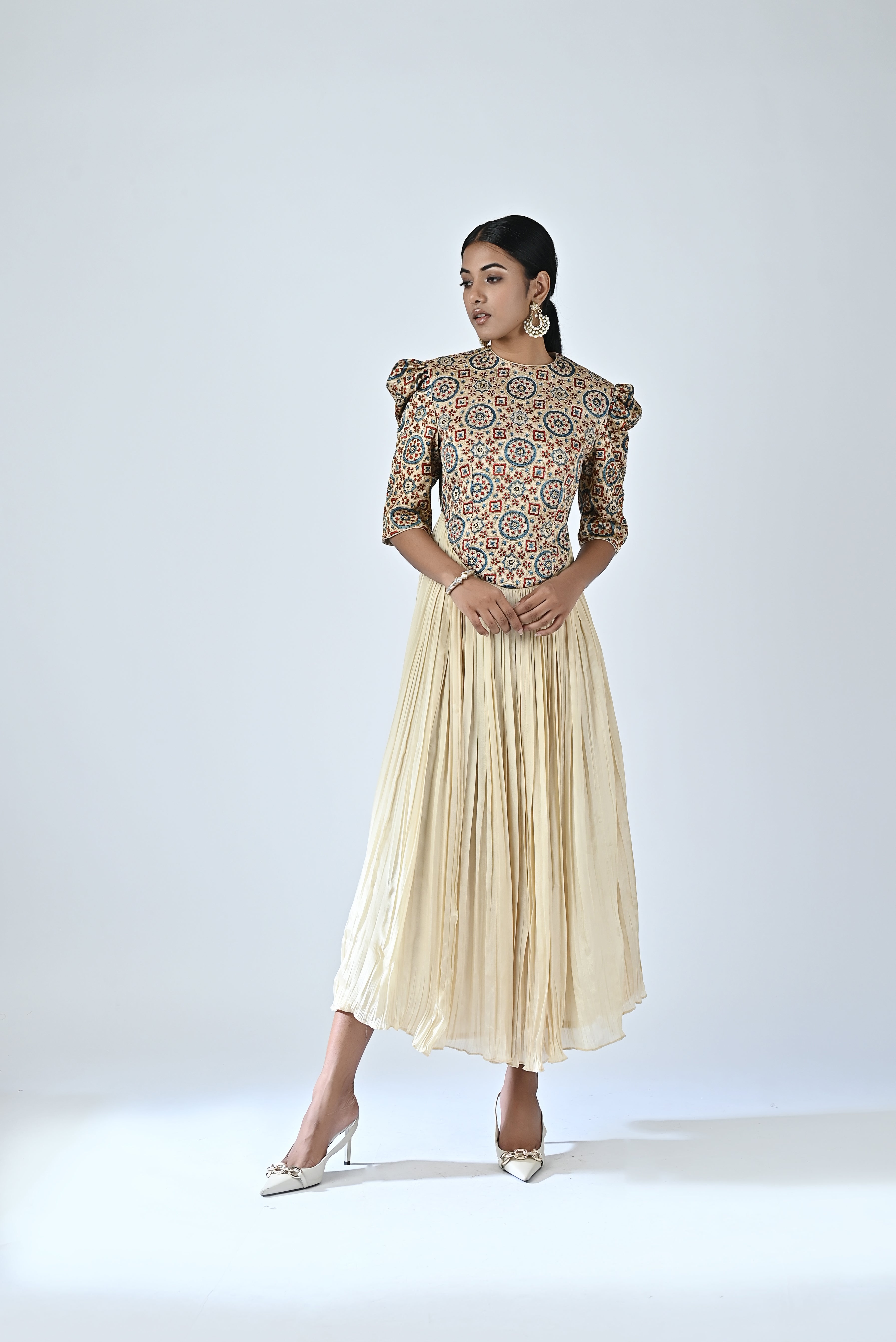 Ajrakh embellished gathered dress
