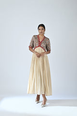 Ajrakh embellished v neck gathered dress