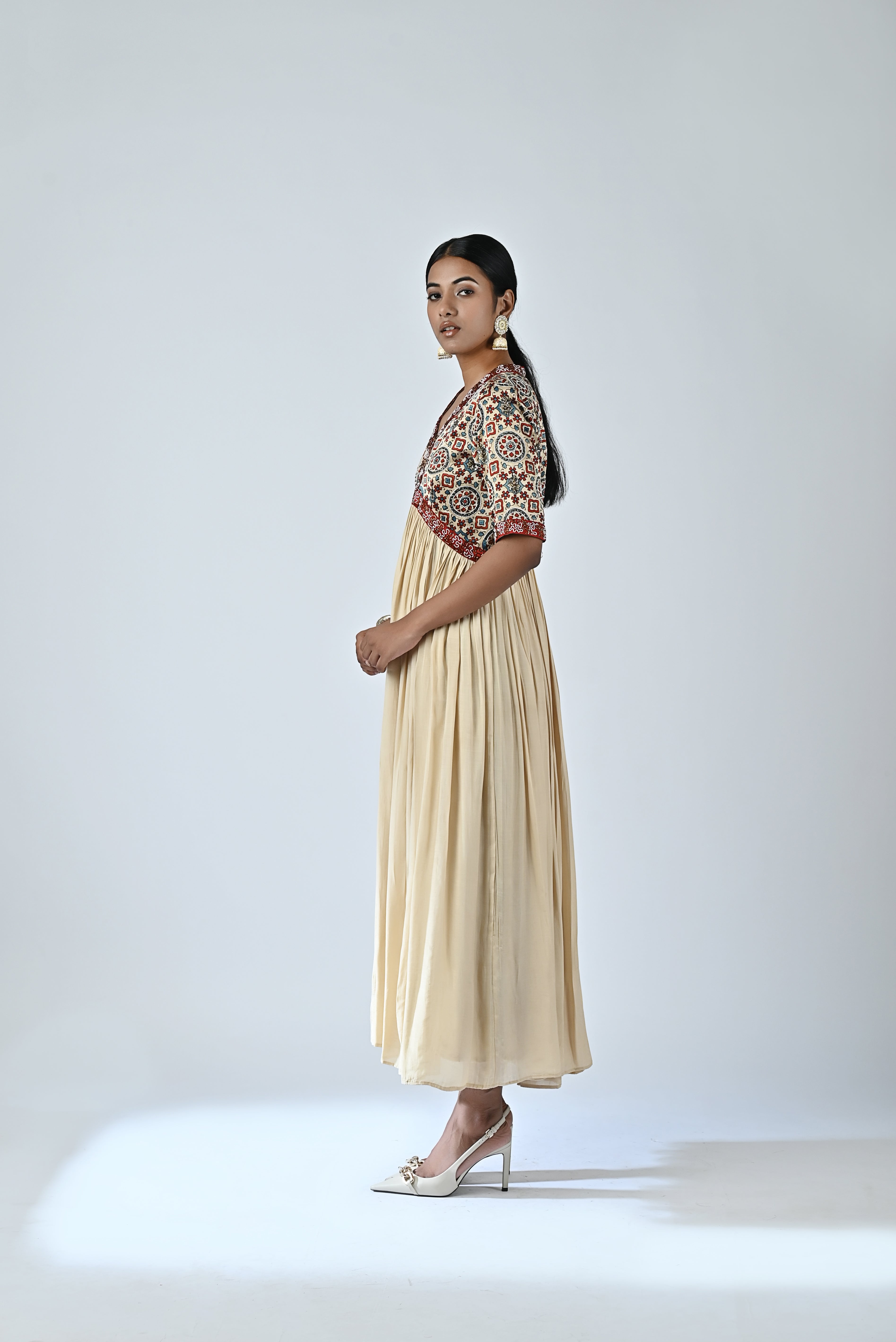 Ajrakh embellished v neck gathered dress