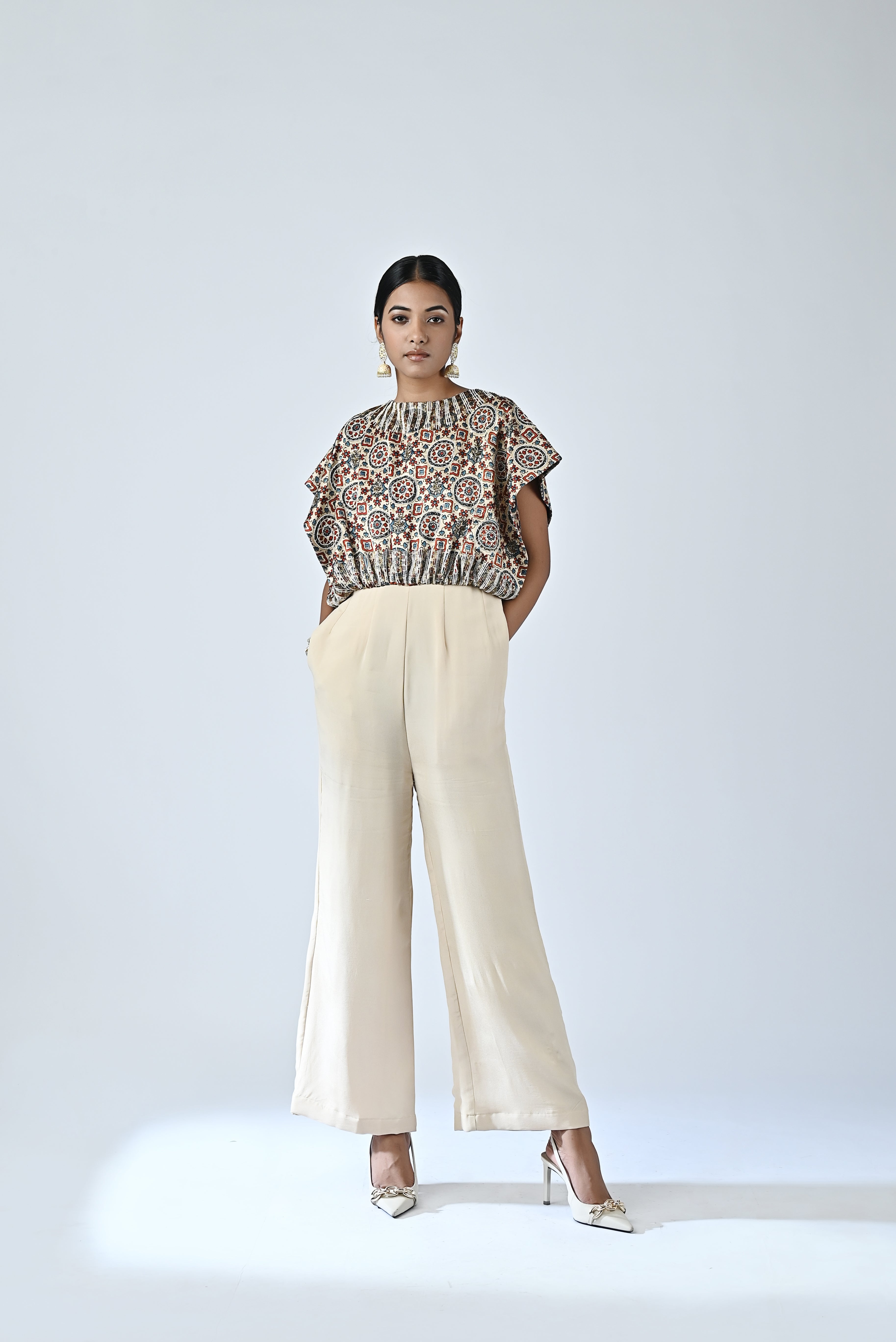 Beige embroidered ajrakh jumpsuit