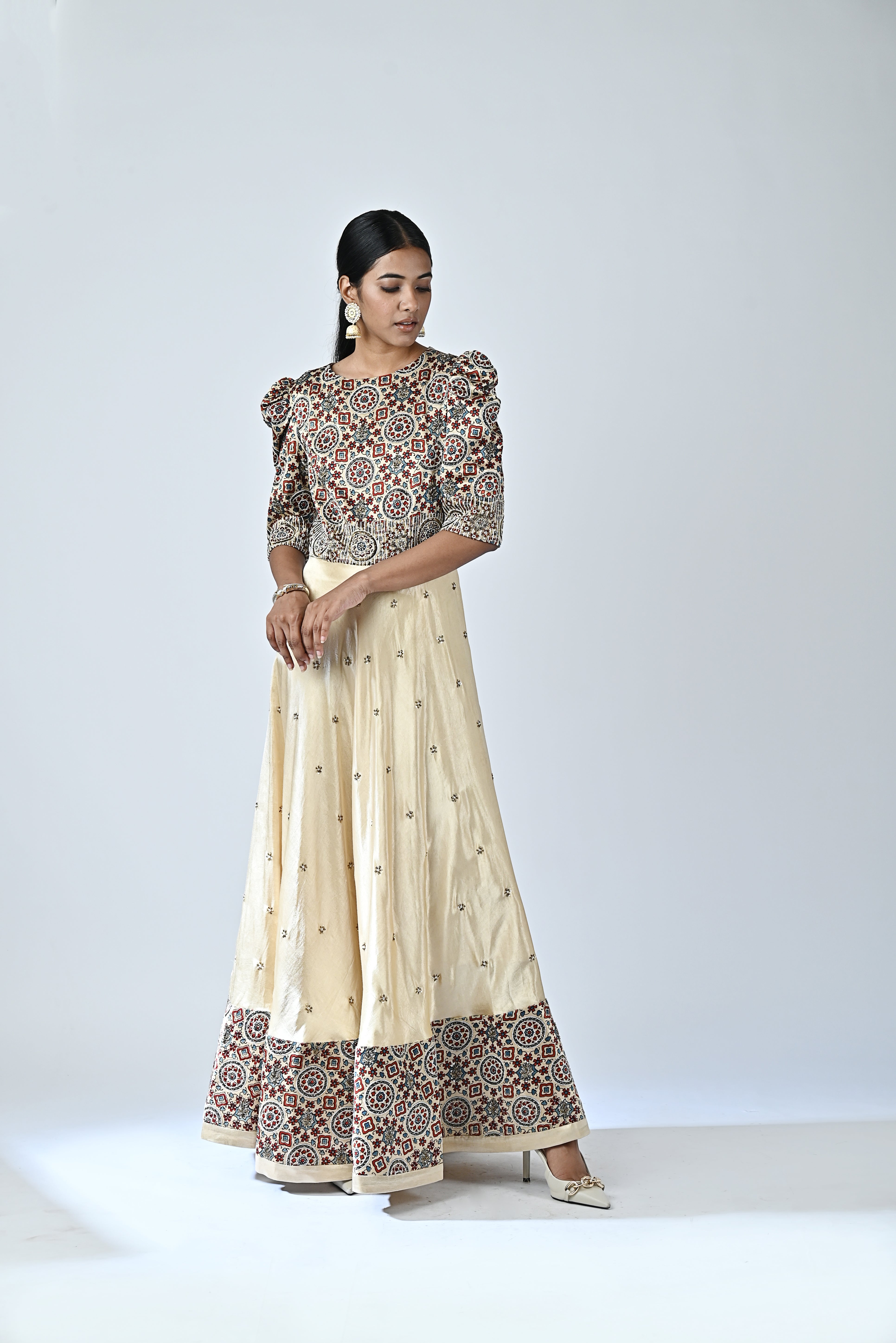 Ajrakh embroidered puffed sleeve anarkali