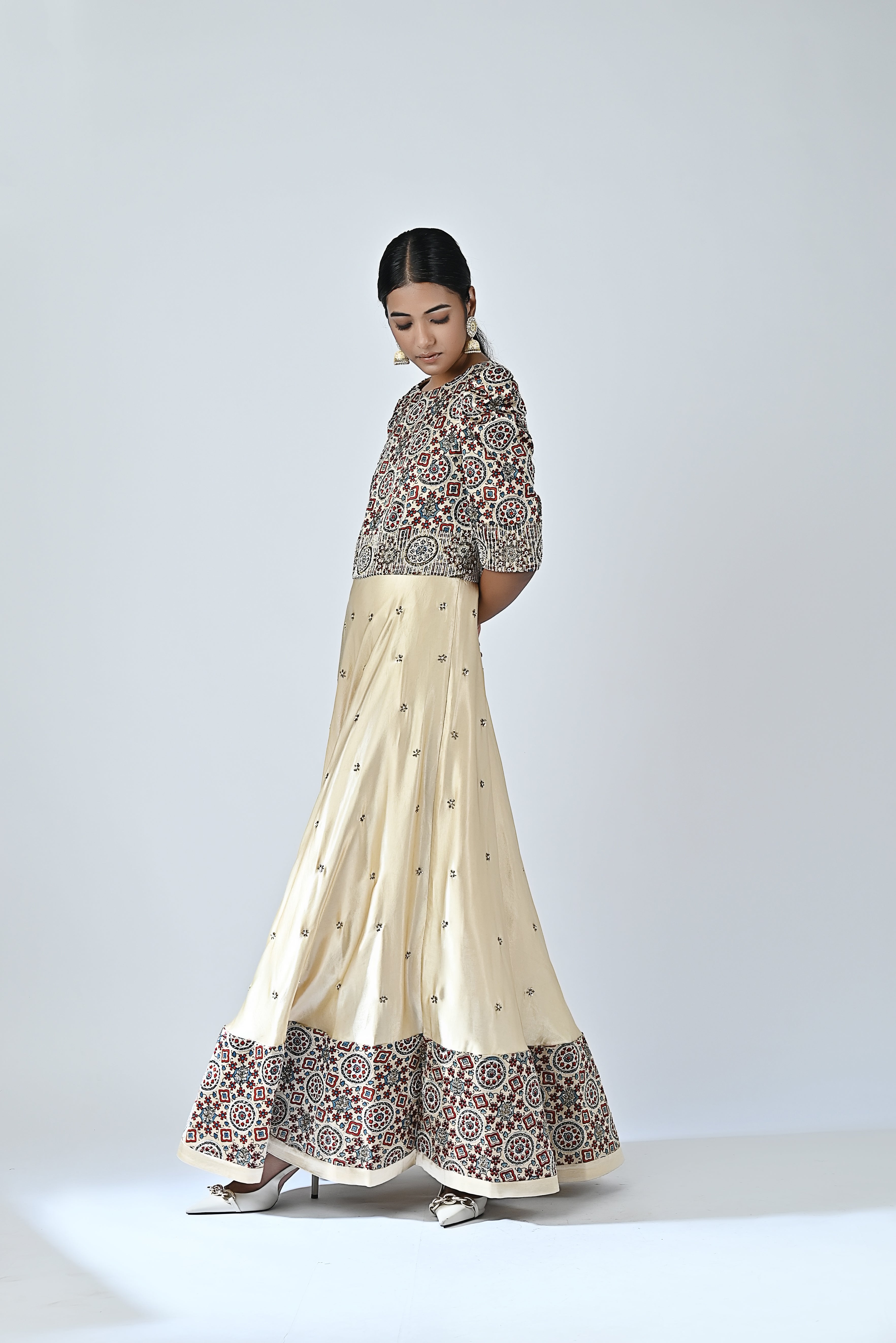 Ajrakh embroidered puffed sleeve anarkali