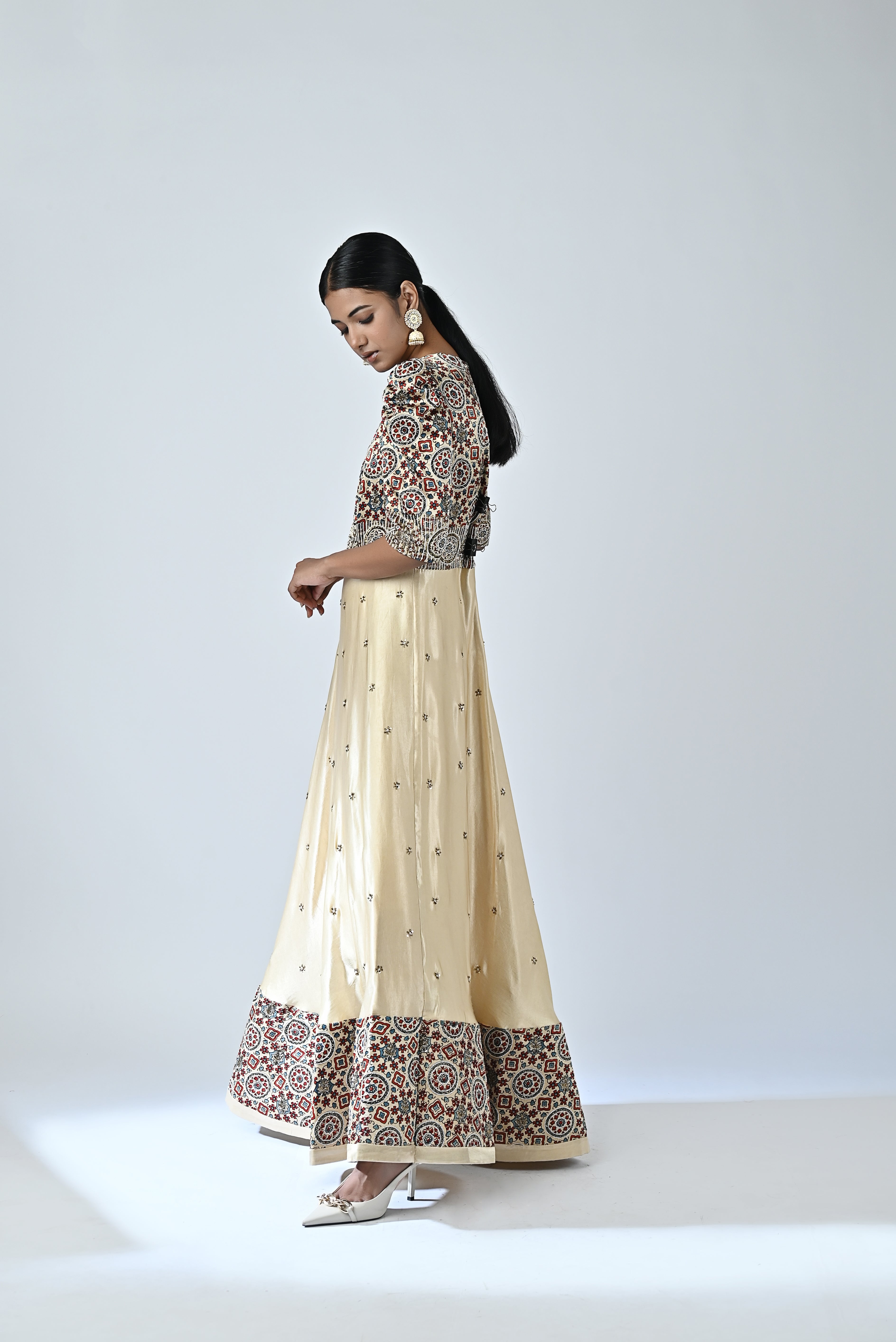 Ajrakh embroidered puffed sleeve anarkali