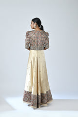 Ajrakh embroidered puffed sleeve anarkali